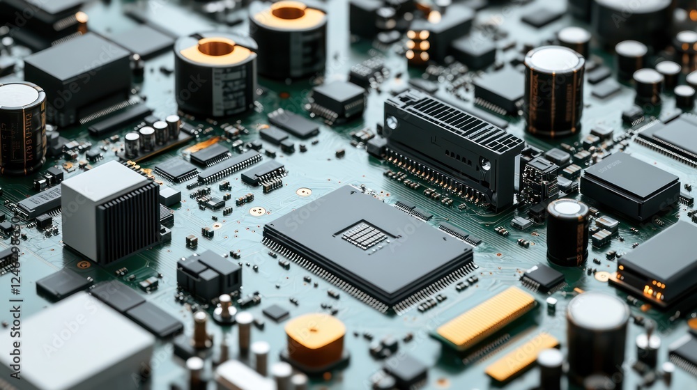Close-up view of a complex circuit board, showcasing intricate electronic components and their arrangement. High-tech technology, advanced engineering. Close-up view of a complex circuit board, showcasing intricate electronic components and their arrangement. High-tech technology, advanced engineering.