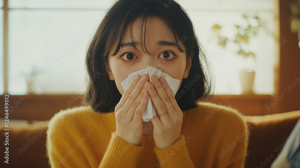 春の家のリビングで花粉症や風邪に苦しむ女性:くしゃみ・ティッシュで鼻をかむ姿の写真 春の家のリビングで花粉症や風邪に苦しむ女性:くしゃみ・ティッシュで鼻をかむ姿の写真