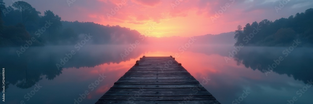 Fototapeta premium Old weathered dock on glassy lake at dawn, misty haze , gray, dock
