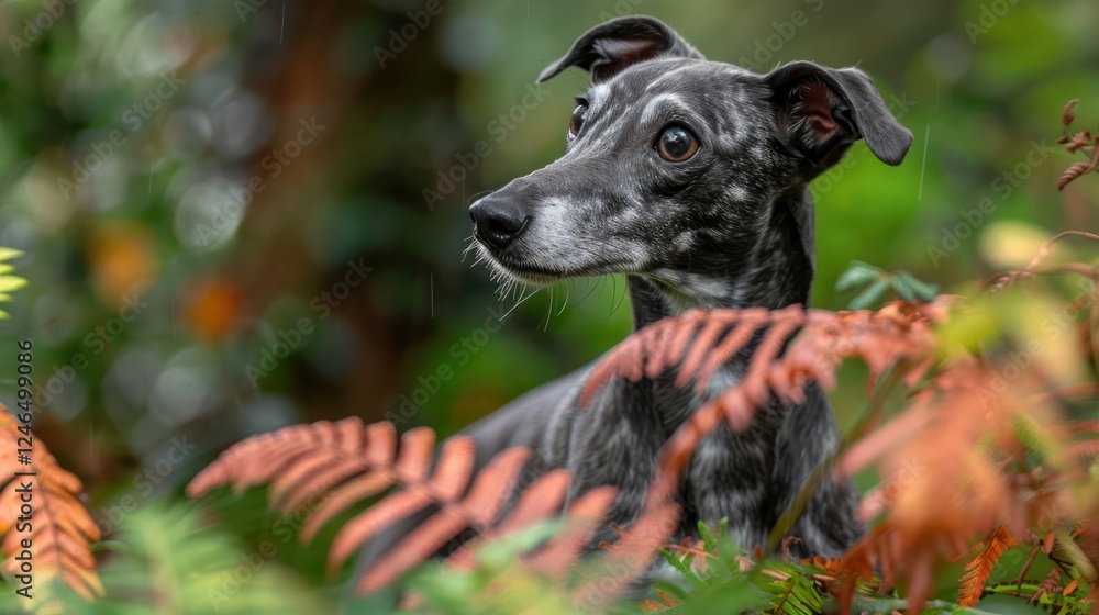 A graceful greyhound gazing curiously amidst vibrant ferns in a lush, green forest A graceful greyhound gazing curiously amidst vibrant ferns in a lush, green forest