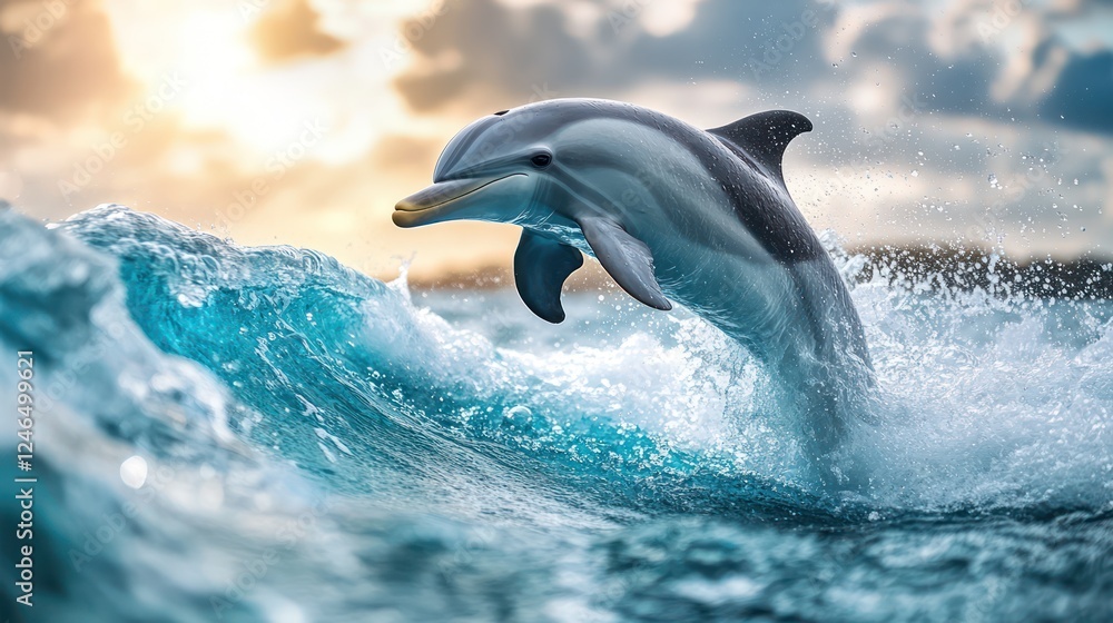 Fototapeta premium Dolphin Leaping Through Ocean Wave at Sunset
