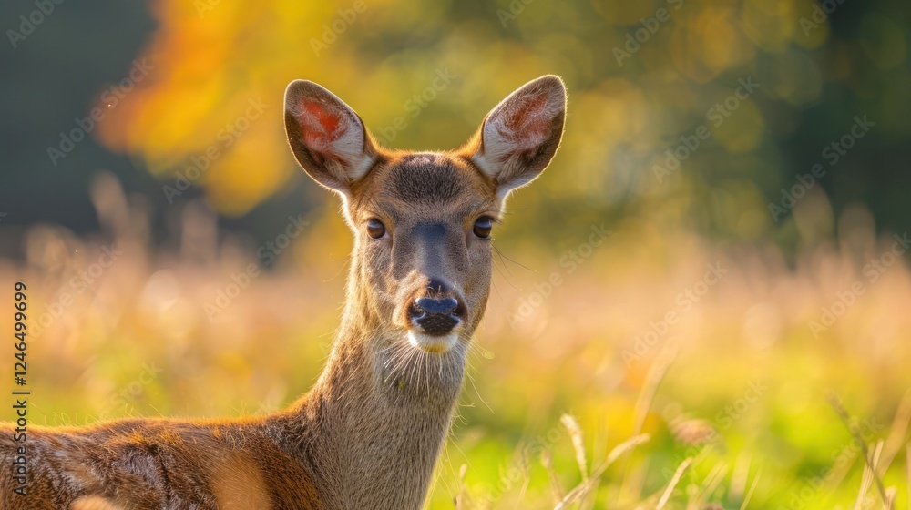 Close-up of a deer gazing curiously in a vibrant autumn landscape with blurred foliage Close-up of a deer gazing curiously in a vibrant autumn landscape with blurred foliage