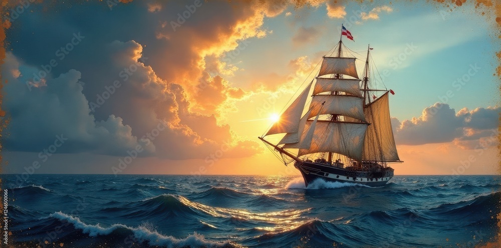 Obraz premium Aged canvas, sailing ship at sea, dramatic sky, sky, aged