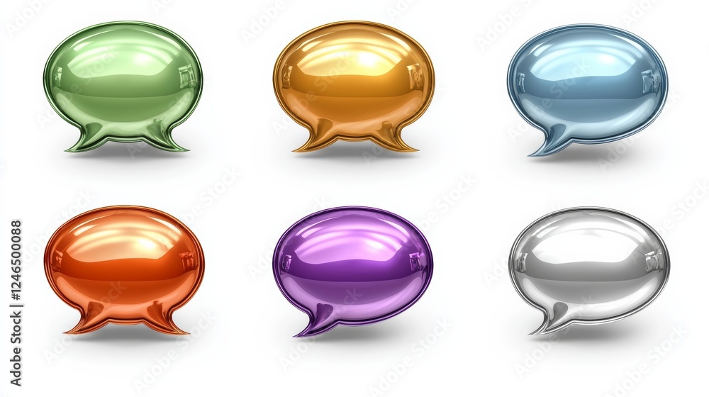 Colorful speech bubble icons arranged in two rows, representing communication, dialogue, and social interaction. Colorful speech bubble icons arranged in two rows, representing communication, dialogue, and social interaction.