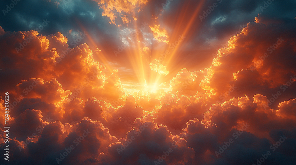 Fototapeta premium Dramatic Sunset Sky Fiery Clouds Golden Rays Heavenly Light Divine Orange View Hope Warm Color Power