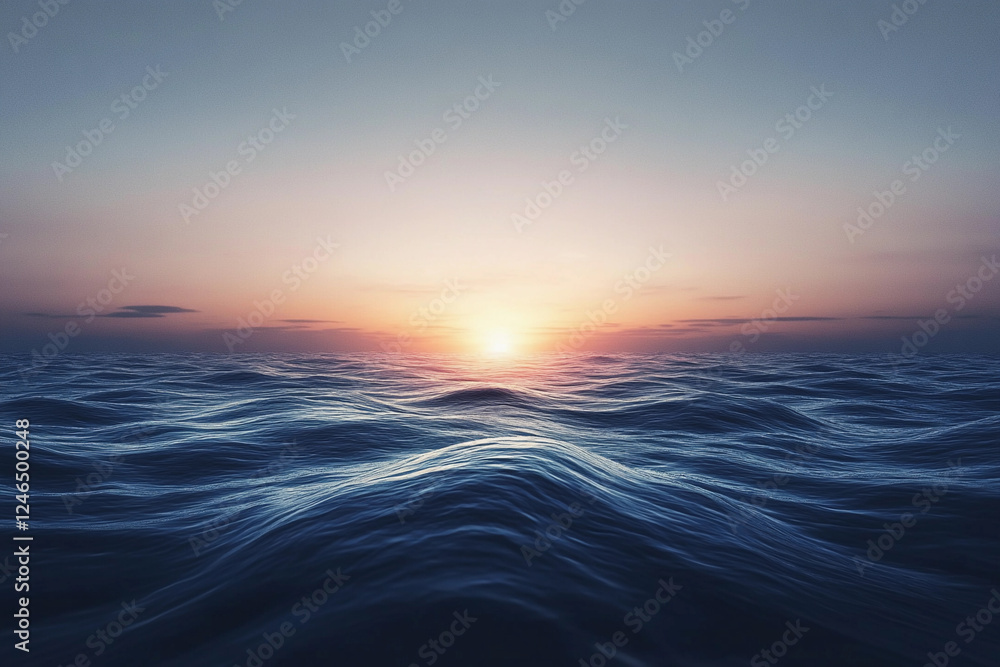 Fototapeta premium Sunset over calm ocean waters creates a serene atmosphere with vibrant colors on the horizon