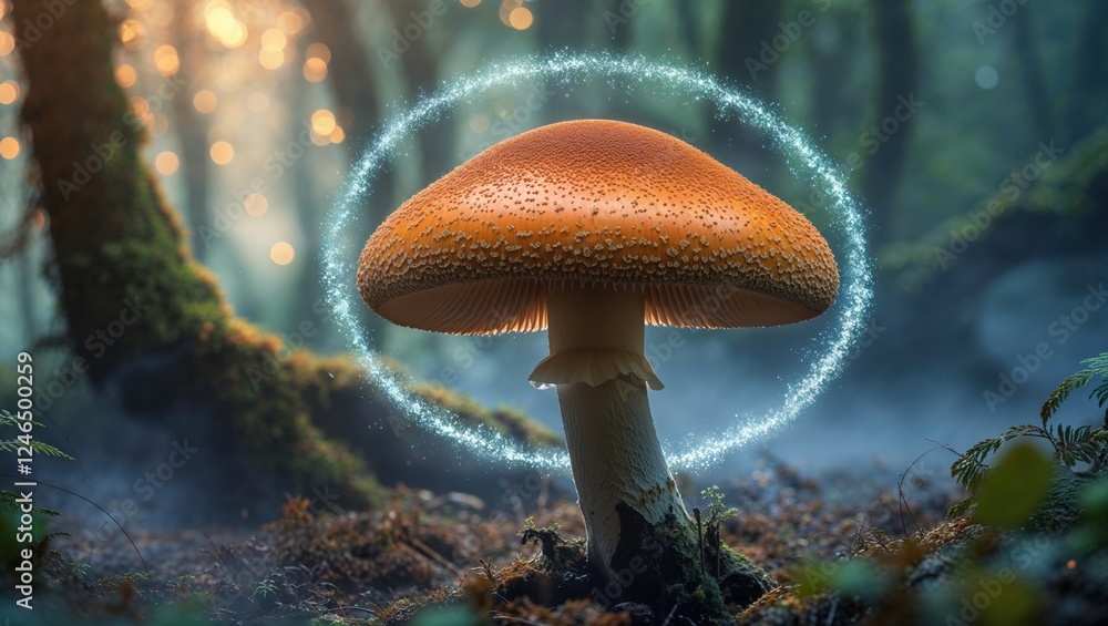 Fototapeta premium Enchanted forest scene featuring a large orange mushroom glowing with magical light. A mystical and whimsical image.