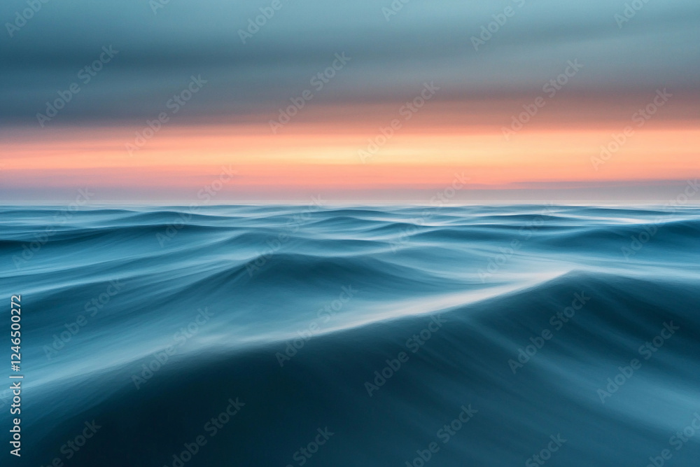 Obraz premium Sunset over calm ocean waters creates a serene atmosphere with vibrant colors on the horizon