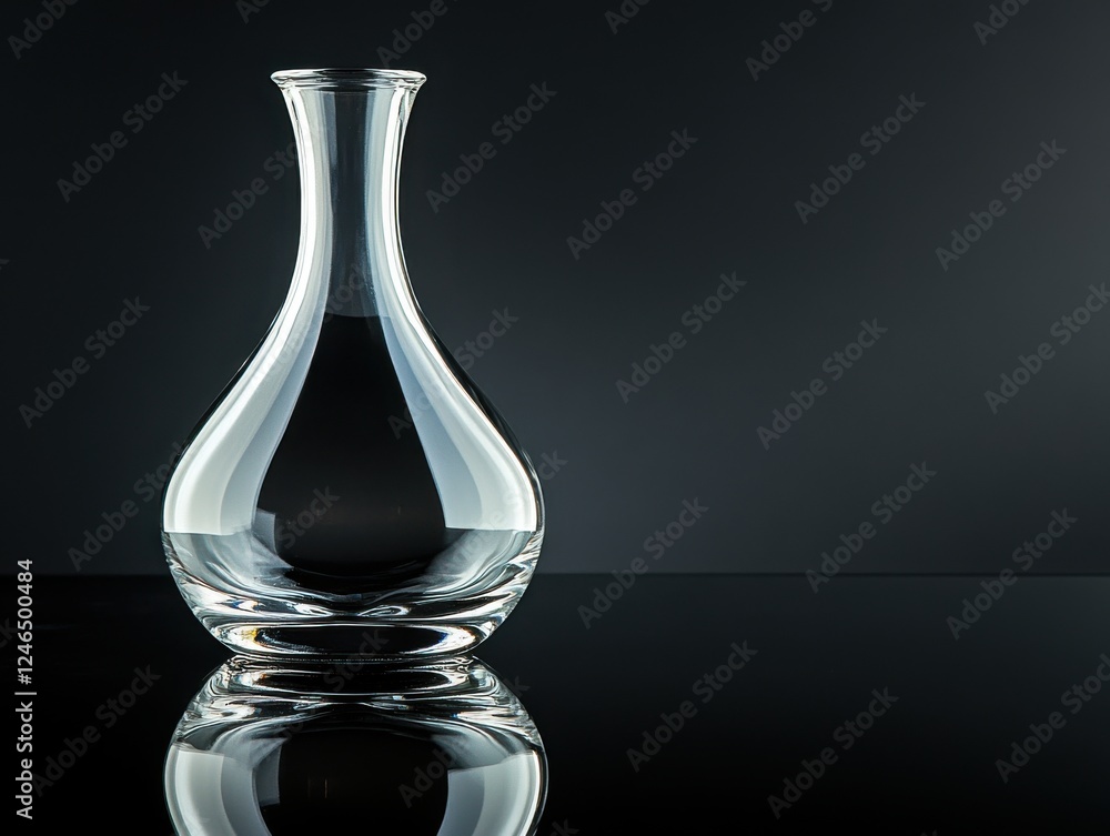 Glass vase on black surface with minimalist glossy reflections and dark background
