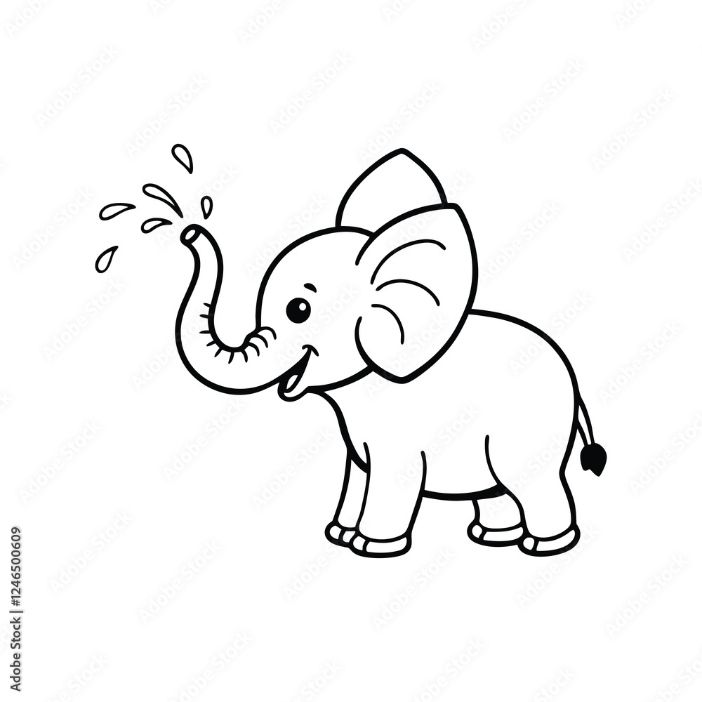 Obraz premium Cute Elephant Sprinkling Water - Coloring Page coloring page for kids. KDP