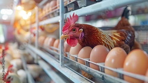 Brown hen perched on an egg-laying tray with freshly laid eggs inside a modern chicken farm. Clean setup and lighting emphasize systematic egg collection and agricultural efficiency... photo