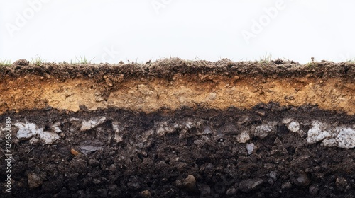 A natural soil profile cross-section showing multiple layers of earth formation, from dark fertile topsoil to compacted bedrock. High-detailed 4K photography