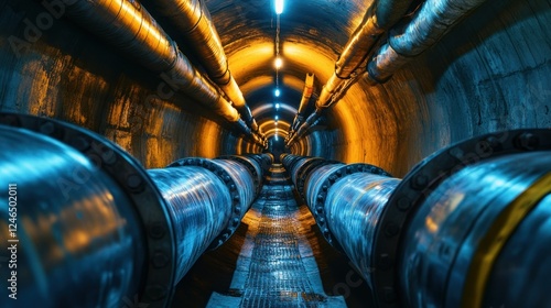 A network of underground pipelines used for district heating, with insulated steel pipes running through a dark industrial tunnel. High-quality 4K photograph