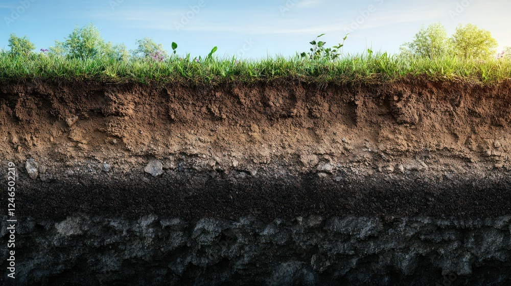 A natural soil profile cross-section showing multiple layers of earth formation, from dark fertile topsoil to compacted bedrock. High-detailed 4K photography
