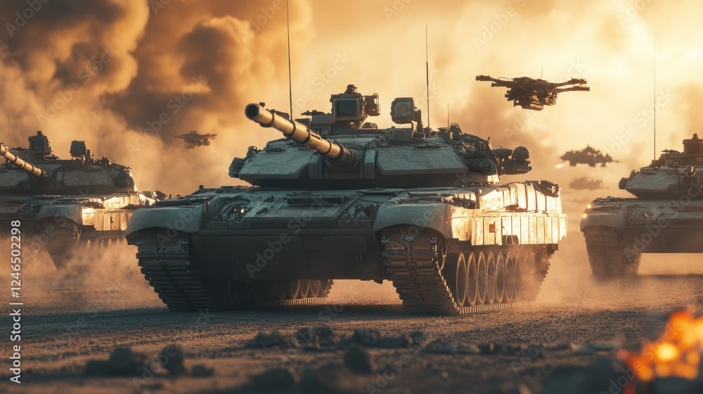 A next-gen battlefield with autonomous robotic tanks, AI-powered drones, and cybernetic soldiers engaging in a high-tech war simulation. Ultra-sharp 4K photography. A next-gen battlefield with autonomous robotic tanks, AI-powered drones, and cybernetic soldiers engaging in a high-tech war simulation. Ultra-sharp 4K photography.