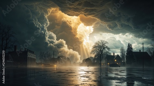 Fototapeta Naklejka Na Ścianę i Meble -  Dramatic storm clouds part to reveal a golden light over a small town, casting an ethereal glow on the rain-soaked streets.