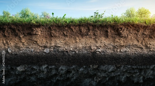 Obraz na płótnie A natural soil profile cross-section showing multiple layers of earth formation, from dark fertile topsoil to compacted bedrock. High-detailed 4K photography w salonie