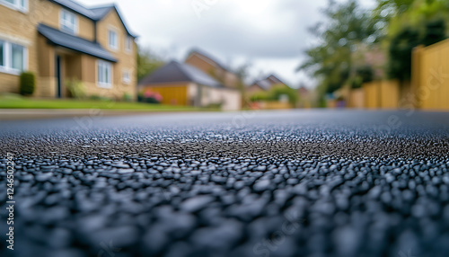 Elegant Resin Driveway Close-Up Perfect Textured Finish with Suburban Home View for Landscaping and Design Backgrounds