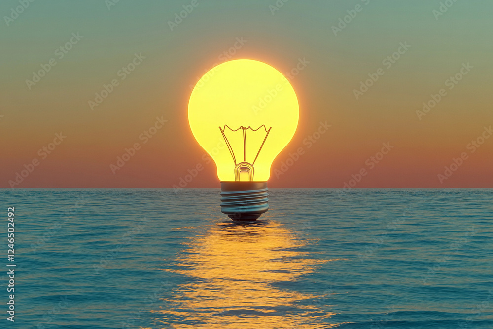 Bright bulb shaped like the sun rising over calm ocean waters at dusk Bright bulb shaped like the sun rising over calm ocean waters at dusk