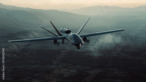 A next-gen stealth drone flying over a battlefield, scanning terrain with AI-enhanced infrared vision, connected to a global military network. Ultra-sharp 4K photography