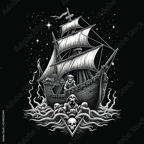 Grim Ship Lost at Sea, A Graphic Illustration of a Ghostly Vessel