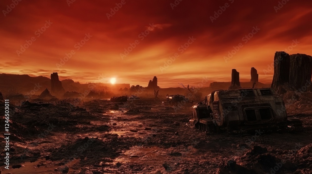 A post-apocalyptic alien battlefield, with destroyed extraterrestrial war machines scattered across a scorched, irradiated landscape under a dark red sky. 4K ultra-realistic image.