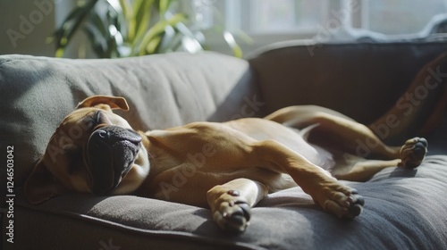 A playful 4K shot of a golden German Boxer dog sprawled across a couch, paws stretched out in an awkward but hilarious sleeping pose.