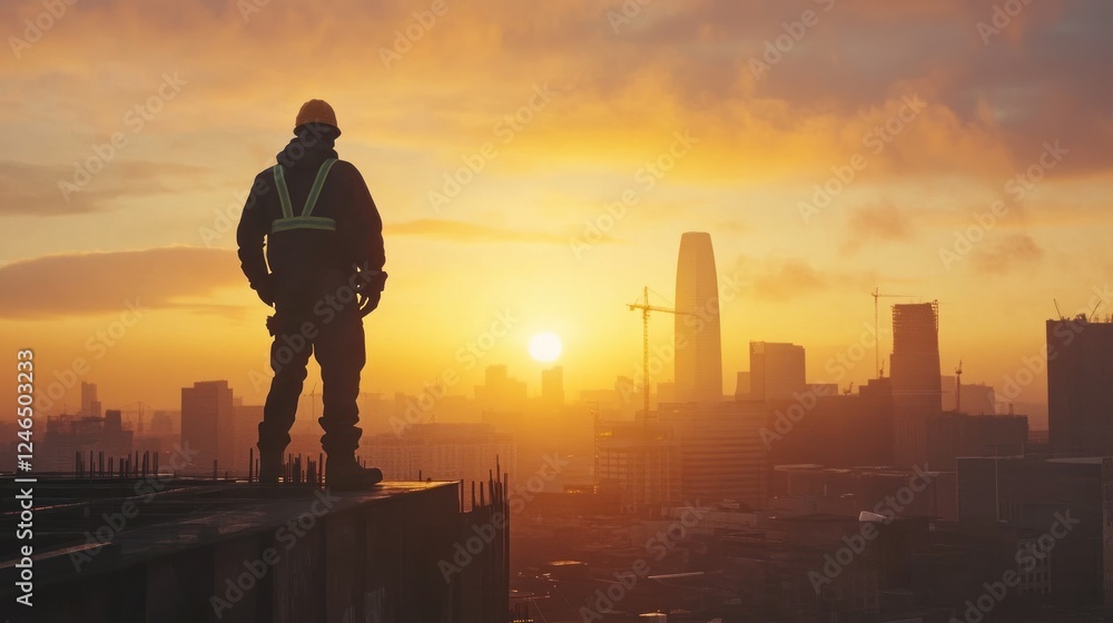 Fototapeta premium A powerful 4K low-angle shot of a construction worker standing confidently atop a steel structure, looking out over the city skyline at sunset.