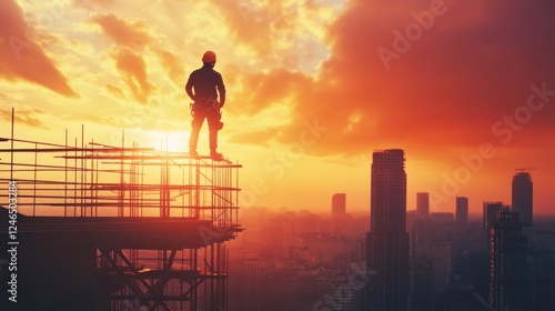 A powerful 4K low-angle shot of a construction worker standing confidently atop a steel structure, looking out over the city skyline at sunset.