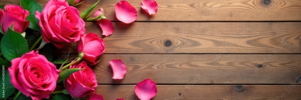Fototapeta premium Warm wood background with delicate rose petals and a few sprigs of greenery, peaceful, serene, nature