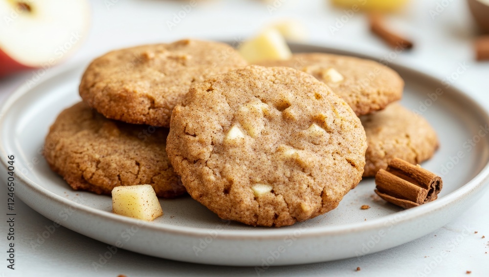 Apple cinnamon cookies plate close-up, kitchen background, baking recipe Apple cinnamon cookies plate close-up, kitchen background, baking recipe