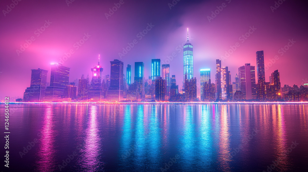 Fototapeta premium Vibrant Cityscape Night Skyline Modern Urban Architecture Building pink blue neon glow view water 