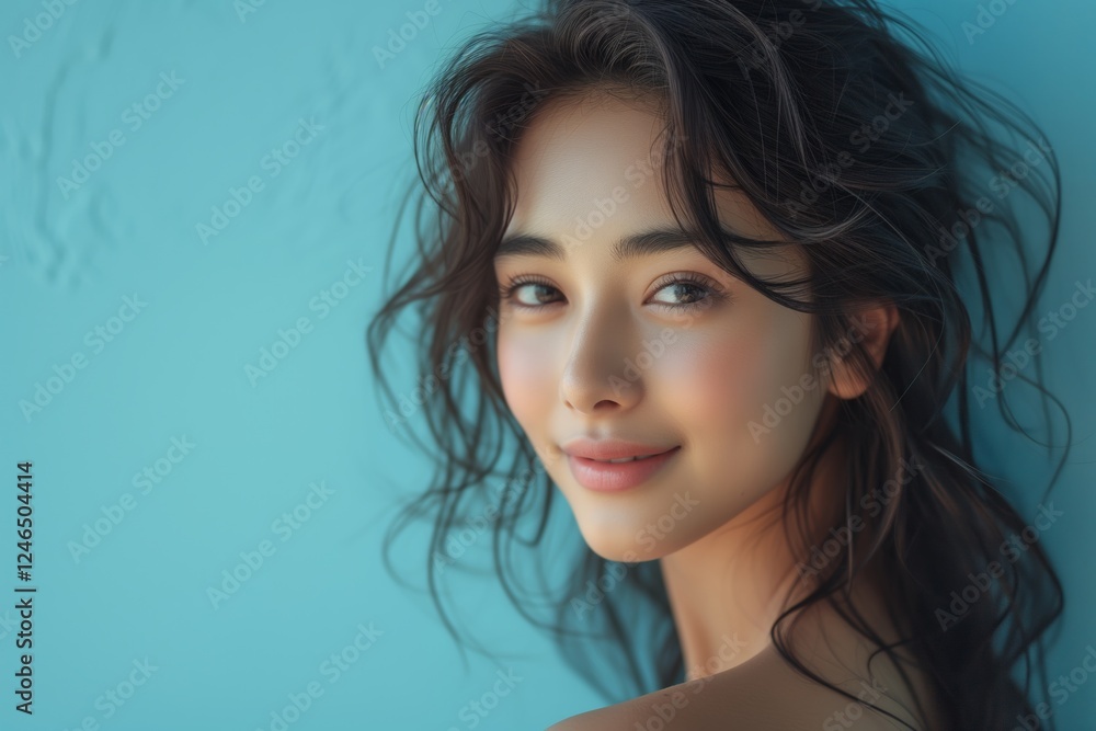 Surreal side view portrait of young Asian woman with wavy dark hair smiling gently at camera. Subtle lighting accentuates smooth skin and delicate features against calm blue background. Surreal side view portrait of young Asian woman with wavy dark hair smiling gently at camera. Subtle lighting accentuates smooth skin and delicate features against calm blue background.