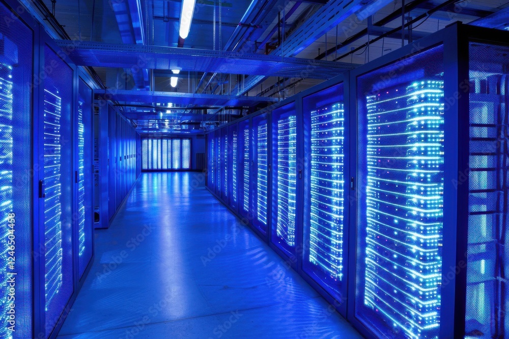 A high-tech data centre with blue glowing server racks, in a futuristic setting. A high-tech data centre with blue glowing server racks, in a futuristic setting.