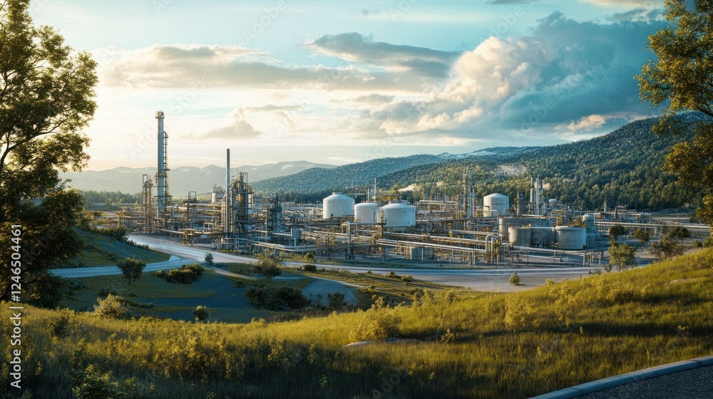 Fototapeta premium A professional 4K shot of a natural gas refinery plant, where complex pipeline networks stretch across a landscape filled with trees and grass.