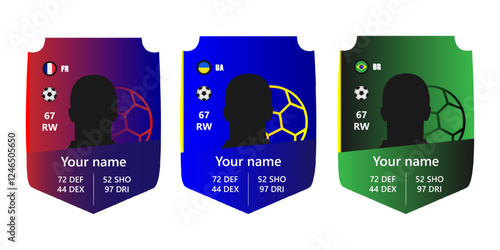 Custom football player card template with silhouette, stats, and national flags of France, Ukraine, and Brazil. Digital sports card design mockup for gaming and fantasy football