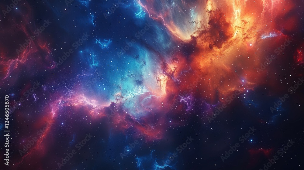 Obraz premium Cosmic scene filled with vibrant nebula clouds in blue and orange hues, scattered stars, and glowing light. Mystical and surreal atmosphere blending abstract and space elements...