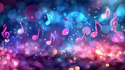 Pink and purple musical notes glowing in a vibrant and colorful background filled with bokeh effects, creating a magical and lively visual representation of music in an artistic style...