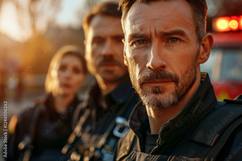 Three firefighters in protective helmets and uniforms stand together in front intense flames within forest, silhouetted by bright orange light, unity, strength, bravery amidst dangerous conditions. Three firefighters in protective helmets and uniforms stand together in front intense flames within forest, silhouetted by bright orange light, unity, strength, bravery amidst dangerous conditions.