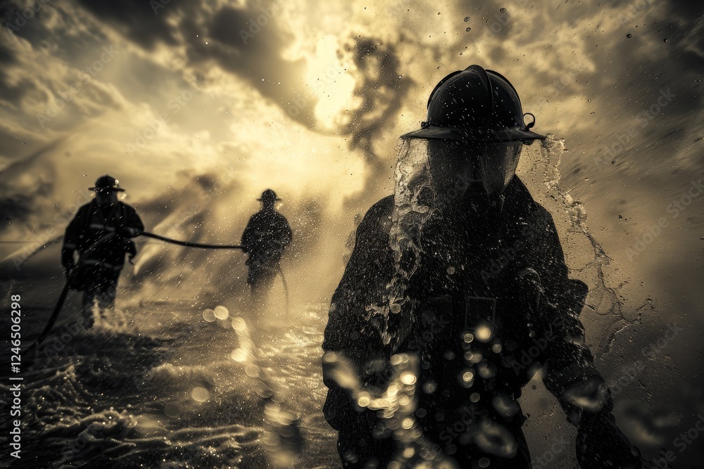 Firefighters drenched in water spray, advancing together through smoky and chaotic, Monochrome tones enhance dramatic intensity, showcasing bravery, relentless effort in challenging conditions. Firefighters drenched in water spray, advancing together through smoky and chaotic, Monochrome tones enhance dramatic intensity, showcasing bravery, relentless effort in challenging conditions.