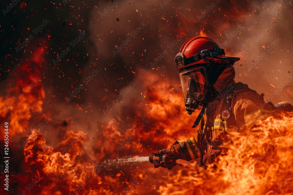 Firefighter in red helmet and gear surrounded by flames and embers. Image shows intense firefighting action, courage, and determination to combat dangerous fire, representing bravery and dedication. Firefighter in red helmet and gear surrounded by flames and embers. Image shows intense firefighting action, courage, and determination to combat dangerous fire, representing bravery and dedication.