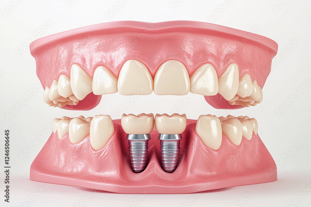 Obraz premium Dental implants displayed in a model of a human jaw demonstrating oral health and restoration procedures