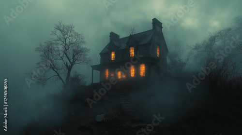 Haunted Manor: A Mysterious Glow in the Foggy Woods
