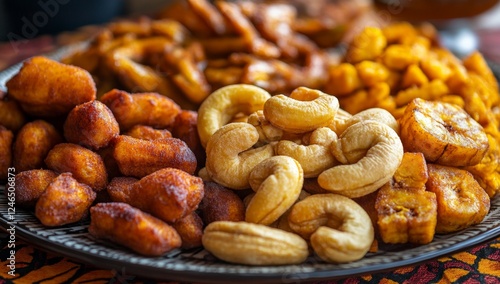 Fototapeta Naklejka Na Ścianę i Meble -  Fried plantains, cassava, and cashews on platter, African setting, food photography