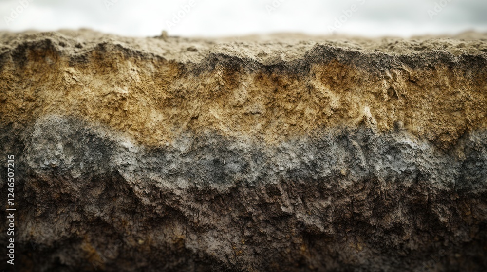 A realistic underground soil diagram in nature, featuring a layered breakdown of humus, clay, and bedrock formations with photorealistic textures. Ultra-sharp 4K photography.