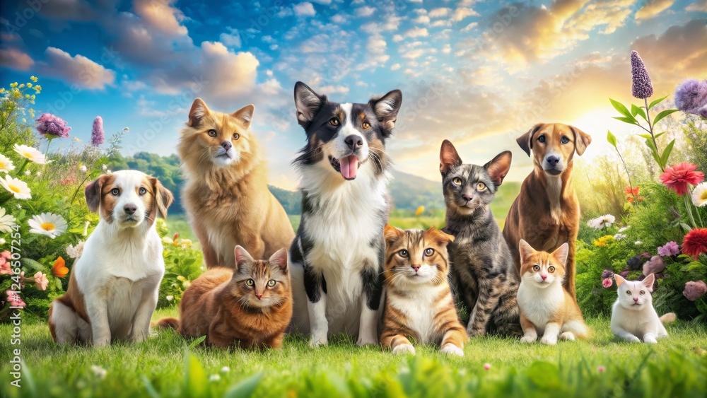 Obraz premium Adorable Diverse Group of Pets Surrounded by Colorful Flowers