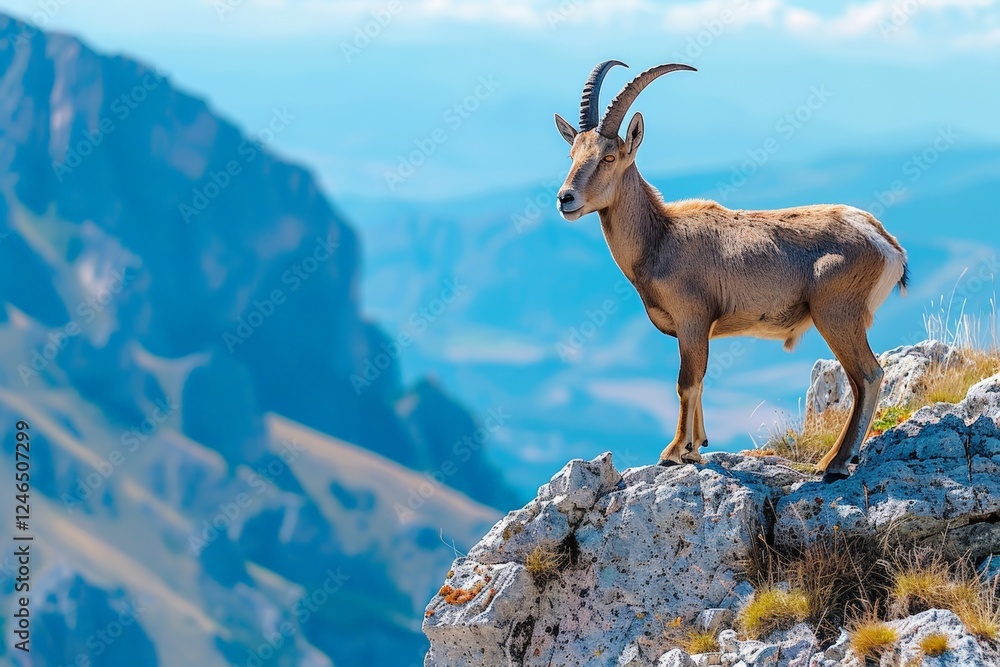 Pyrenean ibex standing on mountain cliff under bright blue sky, showcasing powerful presence in natural alpine environment, representing both resilience and the loss of this extinct species. Pyrenean ibex standing on mountain cliff under bright blue sky, showcasing powerful presence in natural alpine environment, representing both resilience and the loss of this extinct species.