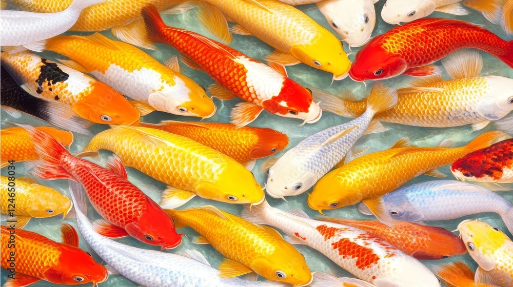 Vibrant Koi Fish Swimming in Pond, Colorful Aquatic Life Vibrant Koi Fish Swimming in Pond, Colorful Aquatic Life