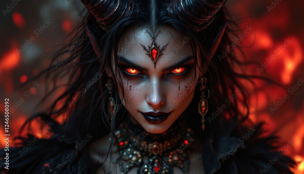 Infernal Glamour: A Portrait of a Dark Sorceress with Fiery Eyes and Ornate Adornments, Emerging from a Realm of Embers and Shadow, Her Gaze Piercing the Veil of Reality with Malevolent Majesty Infernal Glamour: A Portrait of a Dark Sorceress with Fiery Eyes and Ornate Adornments, Emerging from a Realm of Embers and Shadow, Her Gaze Piercing the Veil of Reality with Malevolent Majesty