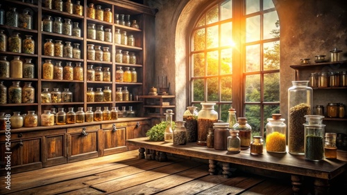 Wallpaper Mural Cozy Herbal Marketplace with Jars on Shelves at Sunset Glow Torontodigital.ca